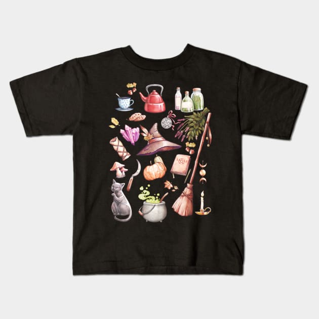 Folk Witch Elements Kids T-Shirt by Medusa Dollmaker